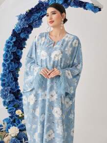 Al Najma Women's Fringed Sleeve Cuff Batwing Sleeve Dress With All-Over Floral Print