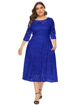 Plus Size Women's Lace Round Neck Shift Dress With Asymmetric Pocket