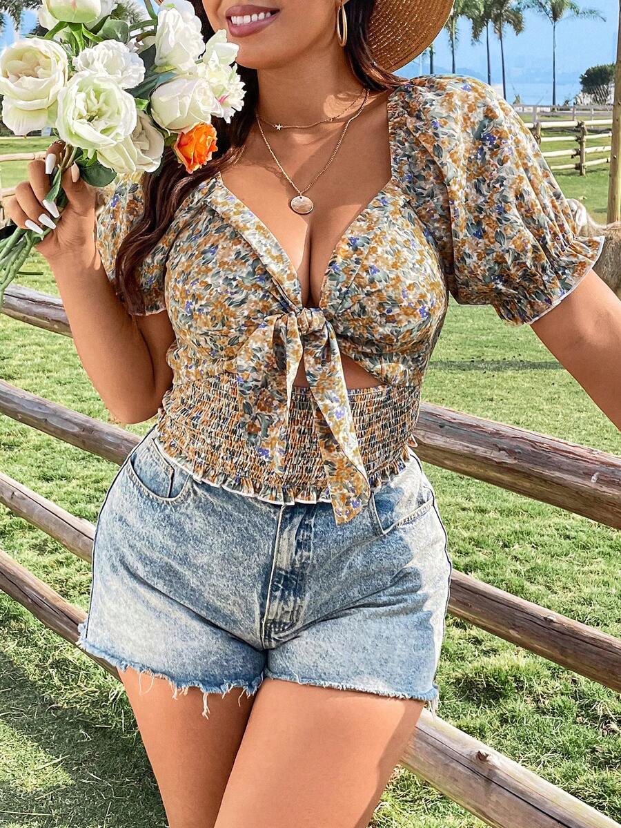 Flirla Women's Plus Size Floral Print Knot Front Blouse - Multicolor - View 1