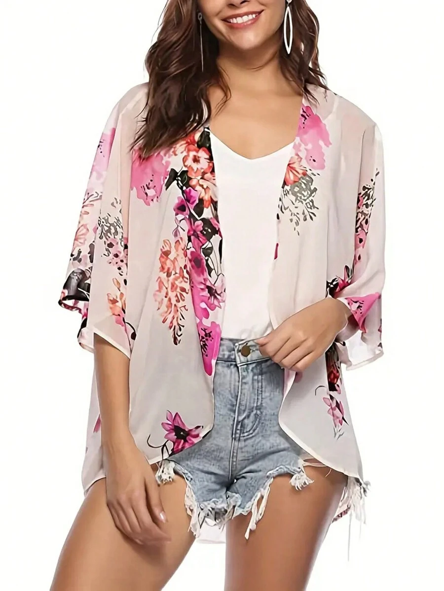 女士春夏海滩风格印花宽松披肩防晒罩衫 - 粉色 - 查看 1