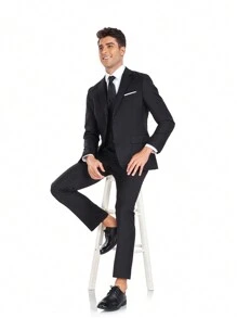 Conjunto de blazer y pantalones de una sola hilera con corbata para hombre Furuyal - Negro - Ver 7