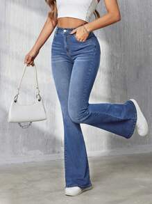 SHEIN Tall 女士貓鬚喇叭牛仔褲 - 深色水洗藍 - 查看 4