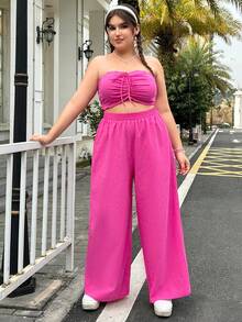 SHEIN Qutie 女士加大尺寸束口無肩帶上衣和褲子套裝 - 粉色 - 查看 6