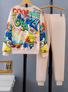 SHEIN Tween Boys' Graffiti & Letter Printed Sweatshirt And Jogger Pants Set - Apricot - View 2