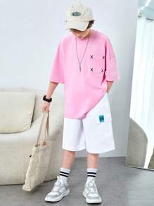 SHEIN 2pcs/Set Tween Boys' Casual Loose Fit Knit Short Sleeve Tee With Pockets & Mesh Shorts With Embroidered Patch - Multicolor - View 4