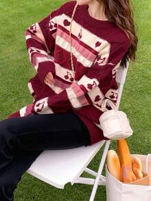 Cherry Pattern Drop Shoulder Sweater,Long Sleeve Tops - Multicolor - View 3