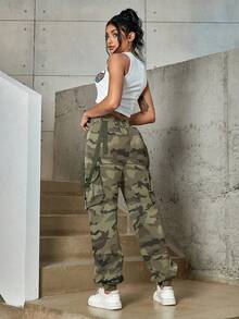 时尚宽松多口袋抽绳迷彩工装裤 - 軍綠色 - 查看 2