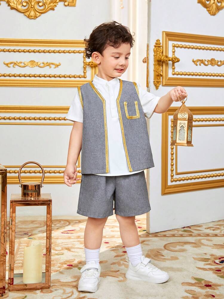 Young Boy's Casual Stand Collar Shirt, Vest And Shorts 3pcs Suit