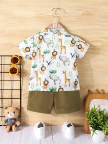 SHEIN Bộ quần áo sơ mi tay ngắn in hình động vật hoạt hình cho bé trai Bộ quần áo mùa hè cho bé trai Bộ quần áo sơ mi cho bé trai Bộ quần áo sơ sinh nhiều màu cho bé trai - Rỉ Nâu - Xem 2