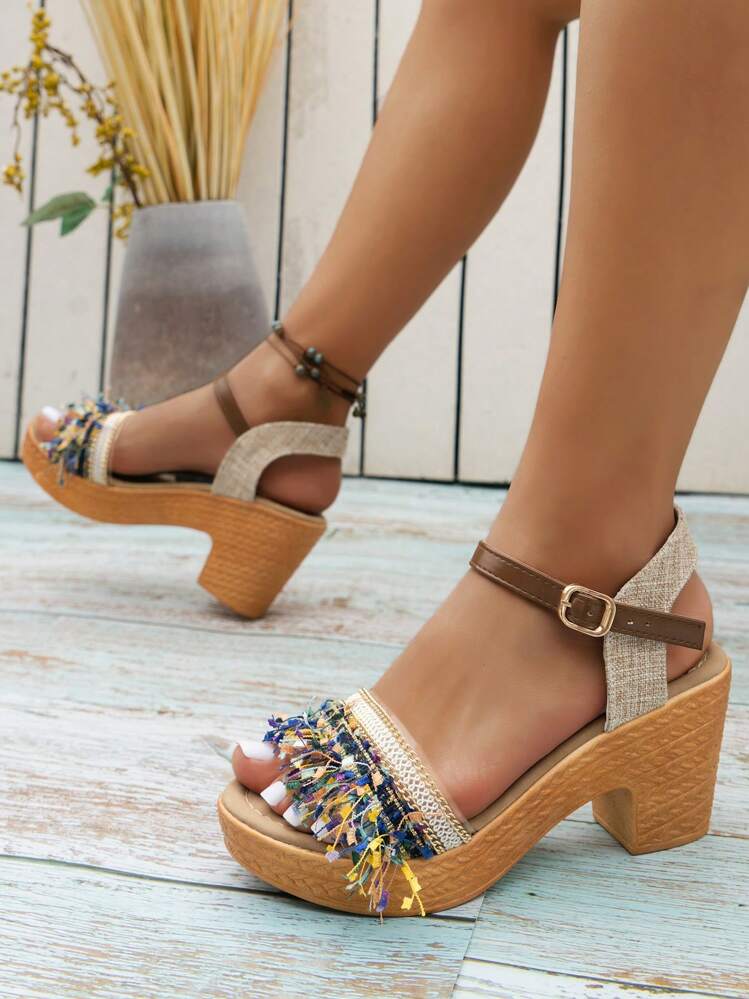 女性高跟真皮流蘇涼鞋開放式腳趾踝帶扣大粗跟派對鞋,夏季,多彩的編織面料時尚海灘輕便防滑沙灘鞋 - 彩色 - 查看 2
