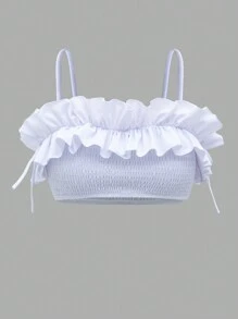 SHEIN Swim Solid Color Ruffle Trim Bandeau Bikini Top With Lace-Up Back Wedding Summer - White - View 4