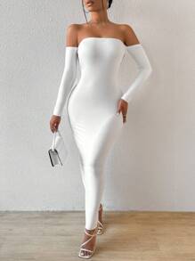 BamGleam 女士露背露肩连衣裙 超长女士服装 - 白色 - 查看 3
