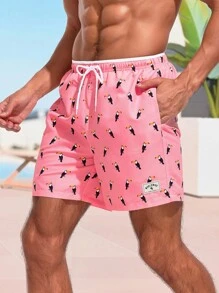 Surfspeed Men's Bird Print Drawstring Waist Beach Shorts - Pink - View 3