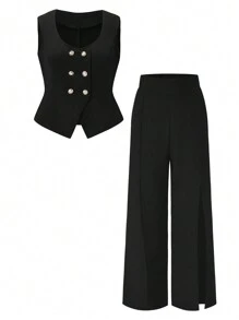 SHEIN Clasi Conjunto De Traje De Color Sólido De Talla Grande - Negro - Ver 1
