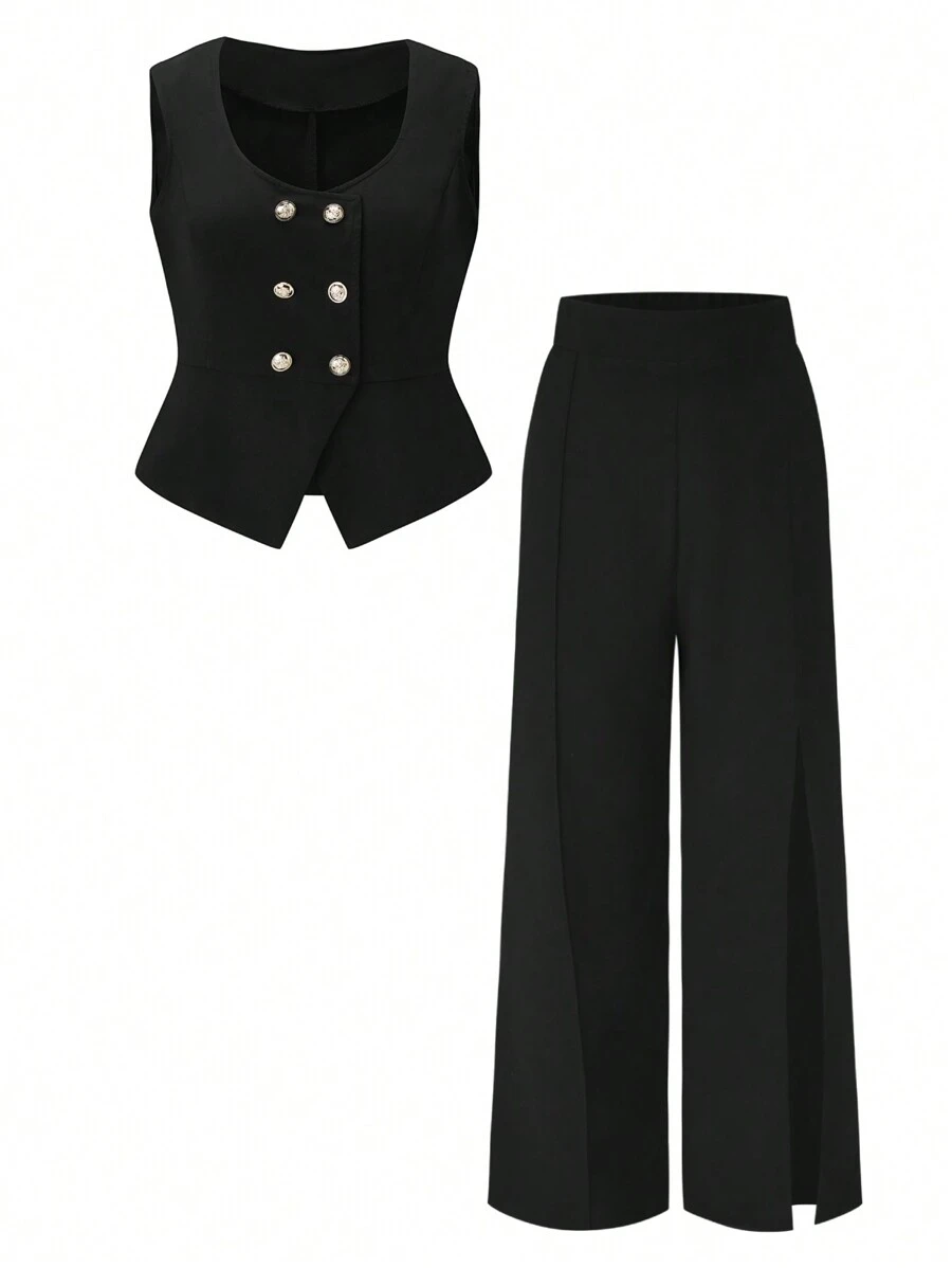 SHEIN Clasi Conjunto De Traje De Color Sólido De Talla Grande - Negro - Ver 1