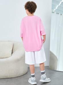 SHEIN 2pcs/Set Tween Boys' Casual Loose Fit Knit Short Sleeve Tee With Pockets & Mesh Shorts With Embroidered Patch - Multicolor - View 2