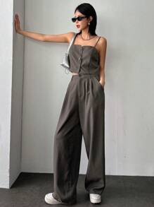 DAZY Button Front Tank Top And High Waist Wide Leg Casual Suit Pants Set