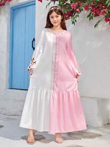 SHEIN Vestido Largo Tejido Para Niña Adolescente Con Estampado De Flores En Bloques De Color Y Mangas Tipo Farol - Multicolor - Ver 4