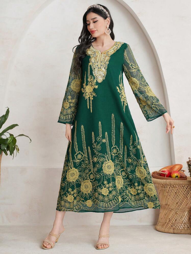 Al Najma Vestido árabe de mujer con escote con muesca y bordado dorado - Verde - Añade 4
