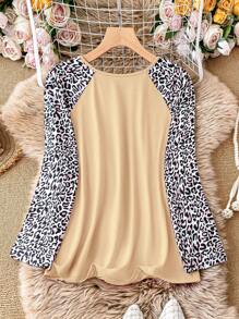 SHEIN LUNE 女款大尺碼豹紋插肩袖 T 卹