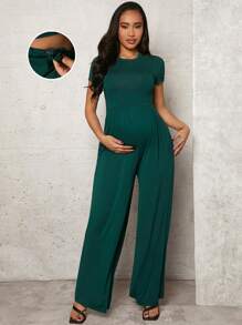 SHEIN Ropa De Maternidad Sexy, Casual Y Juvenil Para Lactancia 2 Piezas / Set Top Ajustado Y Pantalón Elástico Con Cintura Alta - Verde Oscuro - Ver 1