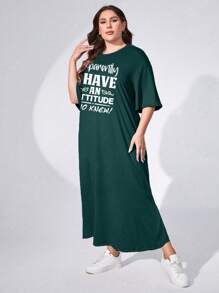 Mulvari Plus Size Women's Printed Round Neck Dress With Slogan Women Outfit, For Summer