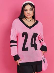SHEIN Qutie 大尺碼女式數位圖案撞色學院風別緻毛衣 - 彩色 - 查看 1