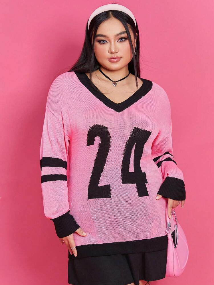 Plus Size Women's Digital Pattern Contrast Color College Style Chic Sweater