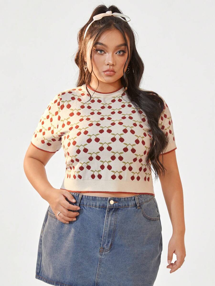 SHEIN EZwear 大尺碼女士早春針織毛衣,可愛櫻桃圖案設計 - 彩色 - 查看 1