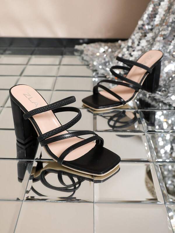 Women's New Square Toe High Heel Shoes, Fashion Chunky Heel Elastic Summer Party Sandals