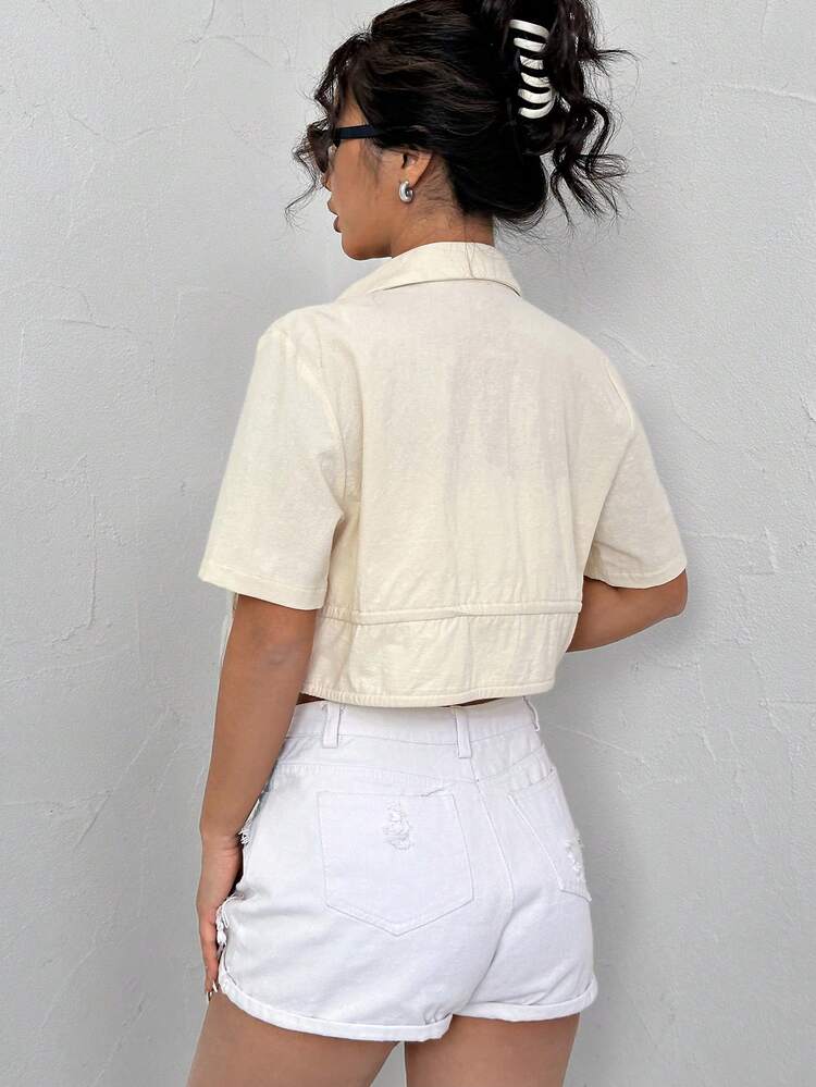 Women's Solid Color Drawstring Tie Cropped Shirt