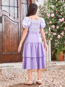 SHEIN Camisa con cuello corazón y mangas abullonadas a rayas, con cinturón desmontable y falda con volantes a juego para niña preadolescente (se venden por separado 2 conjuntos a juego mamá e hija)
