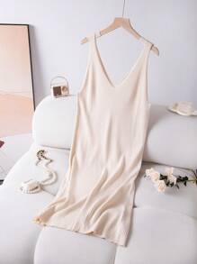 SHEIN Clasi 大尺碼純色無袖毛衣連衣裙 - 駝色 - 查看 1