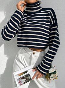 EURMUSE Women's Turtleneck Striped Cropped Sweater - Navy Blue - View 1