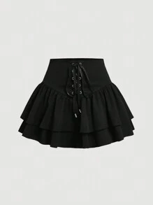 SHEIN MOD Women's Elastic Waist Ruffle Hem Skort With Drawstring - Black - View 1