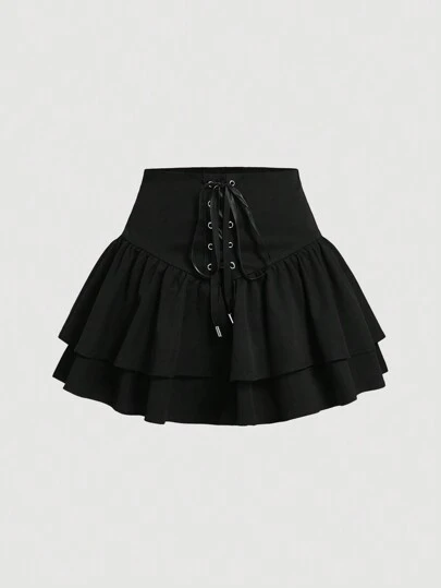 SHEIN MOD Falda-pantalón con cintura elástica, volantes en el bajo y cordón ajustable para mujer