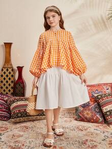 SHEIN Camisa De Cuadros De Línea A Vintage Suelta Para Niñas - Naranja - Ver 4