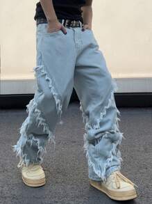 Manfinity EMRG 鬆身男士實色牛仔褲，破損邊緣，無腰帶 - 藍色 - 查看 3