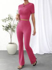 SHEIN Essnce Women's Solid Ribbed Knit Two Piece Set - Hot Pink - View 4