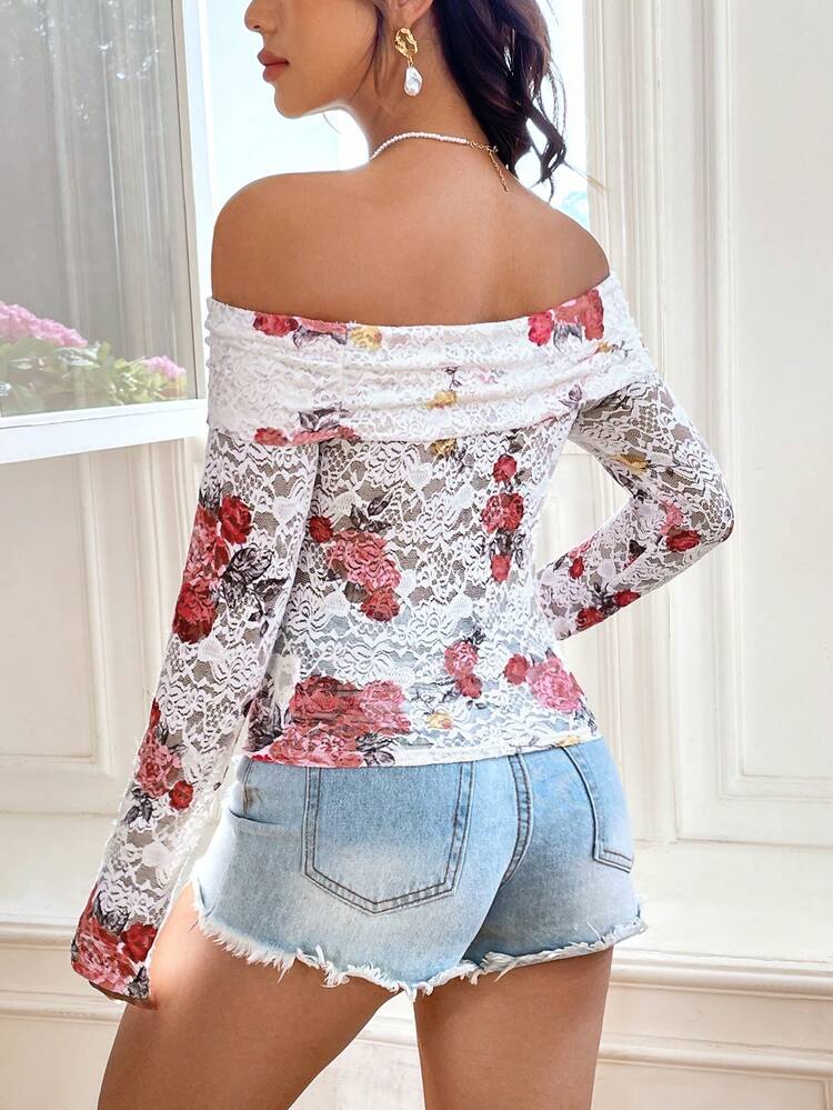 Women's Off Shoulder Long Sleeve Floral Lace Top