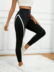 SHEIN Essnce Của phụ nữ Giải trí Màu sắc Chặn Chặt Phù hợp Quần skinny Đen Quần - Đen và trắng - Xem 3