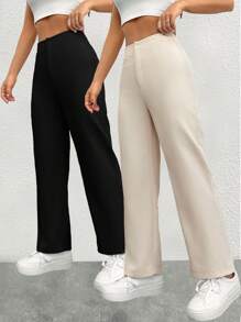 SHEIN PETITE Conjunto de dos piezas de pantalones de pierna recta de unicolor, para mujeres de talla pequeña - Multicolor - Ver 3