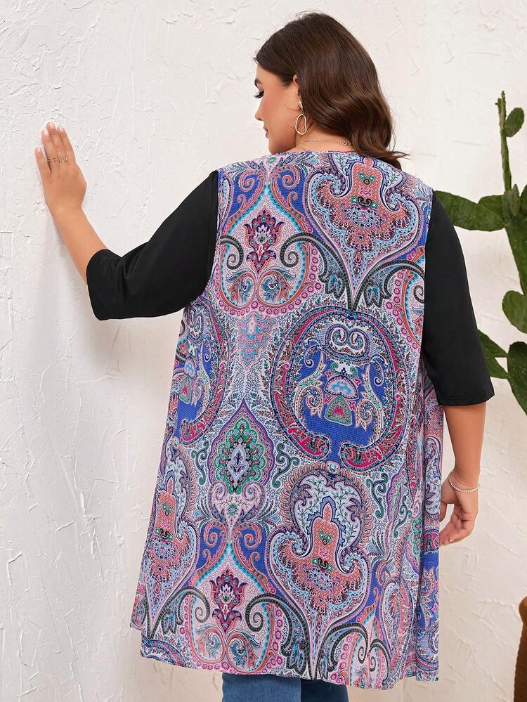 Women's Plus Size Solid Color T-Shirt And Printed Vest Jacket 2pcs/Set