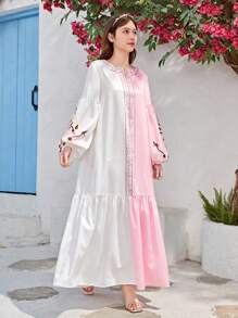 SHEIN Vestido Largo Tejido Para Niña Adolescente Con Estampado De Flores En Bloques De Color Y Mangas Tipo Farol - Multicolor - Ver 5
