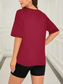 时尚百搭数码印花宽松袖T恤和骑行短裤套装，休闲夏季 - 酒紅色 - 查看 2