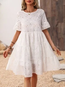 SHEIN LUNE Embroidered Ruffle Sleeve Babydoll Dress - White - View 3