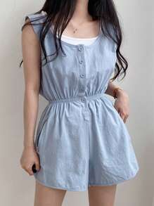 DAZY 简约半扣宽松剪裁连体裤式家居服，配有抽绳腰部睡衣 - 藍色 - 查看 4