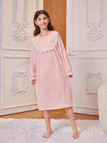 Tween Girl Simple Pink Cute Long Sleeve Long Lace-Bordered Sleep Dress With One Piece Home Wear