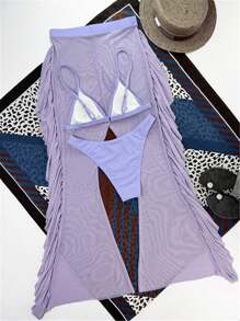 SHEIN Swim Summer Beach Sheer Mesh Bikini Set Triangle Bra & High Cut Bottom & Ruffle Trim Cover Up Pants 3 Piece Bathing Suit - Lilac Purple - View 8