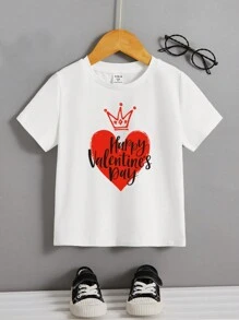 1pc Young Boy's Casual, Comfortable, Fashionable, Simple, Versatile, Soft, Comfortable, Heart-Shaped, Unique English Pattern, Breathable, Short-Sleeved T-Shirt, Suitable For Daily Wear, School, Travel, Valentine's Day, Spring And Summer Seasons
